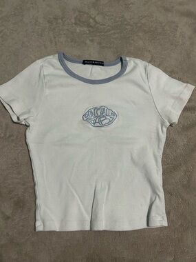 Brandy Melville White Ringer Tee with Light Blue Trim